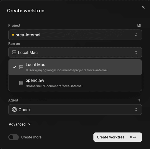 Выбор локального или удалённого места запуска worktree