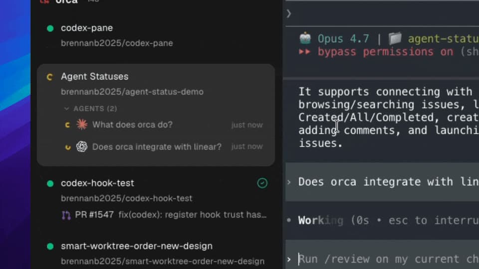 Состояние агента на каждой карточке worktree: жёлтый индикатор во время работы и зелёный после завершения