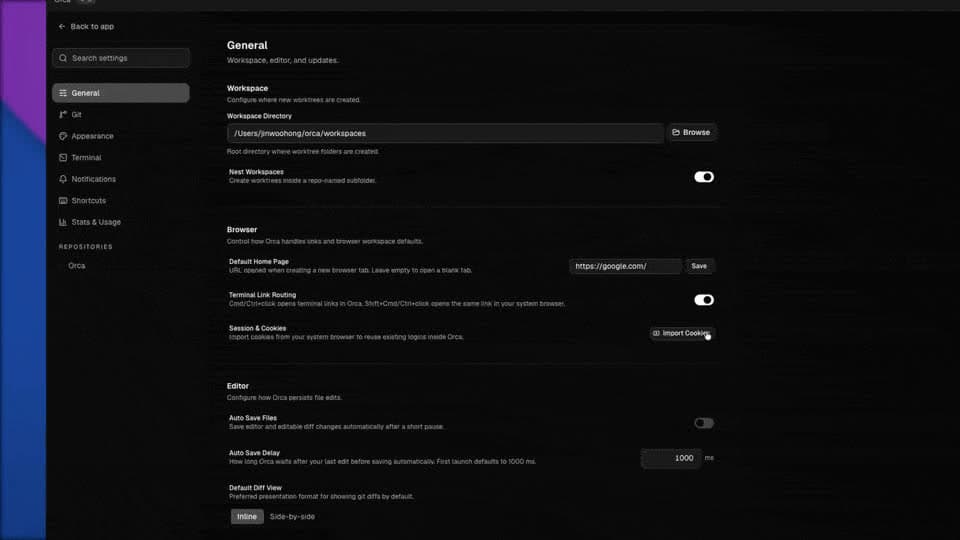 Вкладки браузера с сохранением сессий для каждого worktree: одним нажатием можно импортировать файлы cookie из Chrome или Edge и сохранить вход в аккаунты