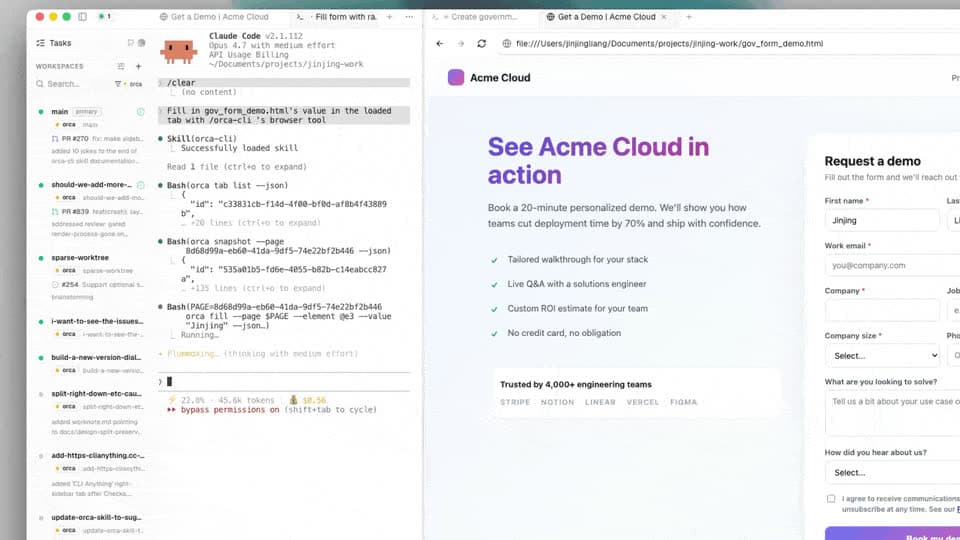 Агент управляет встроенным браузером Orca через CLI, используя те же вкладки и сессию