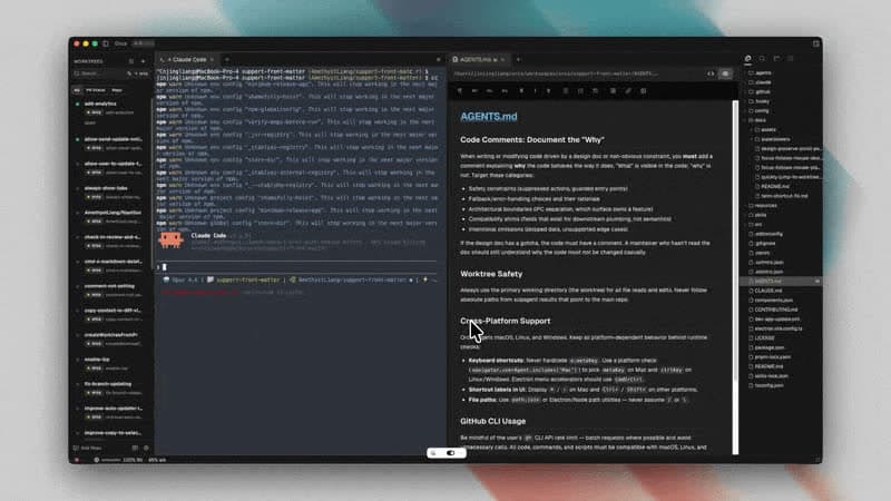 Главное окно Orca: список worktree на боковой панели, терминалы агентов и просмотр изменений в разделённых областях